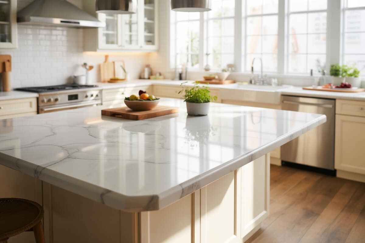 Sunlit cream island topped with glossy white cultured marble and soft veining