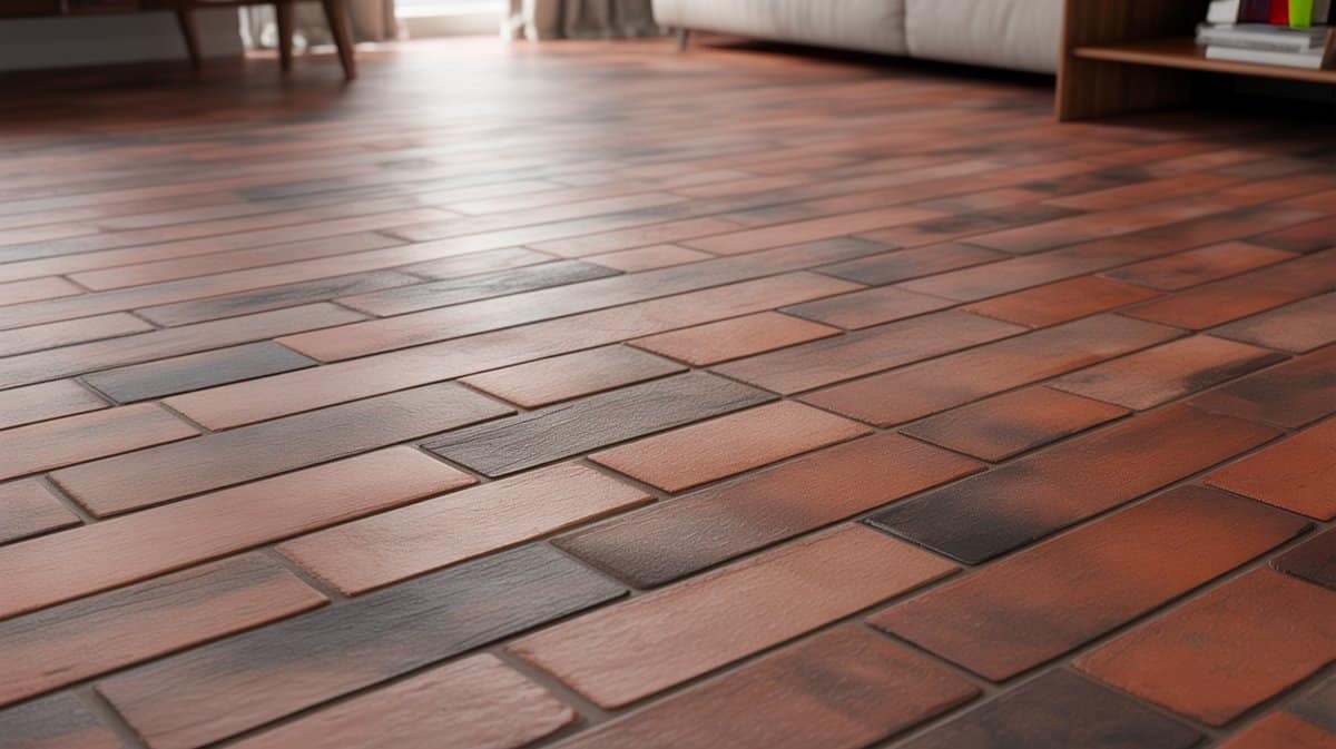 Close-up of brick-look laminate flooring in warm red and brown tones