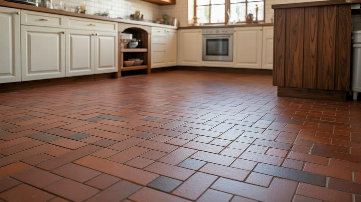 Kitchen with red clay brick floor laid in a classic herringbone pattern