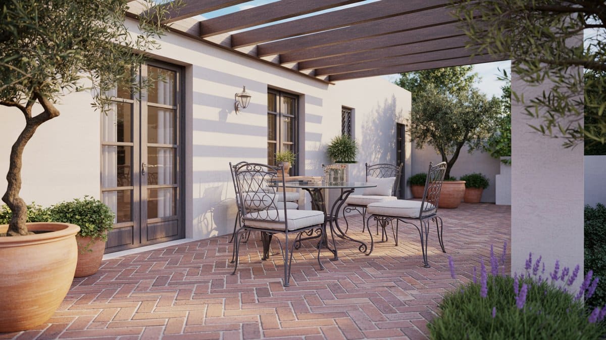Mediterranean patio with herringbone brick flooring, stucco walls and a pergola