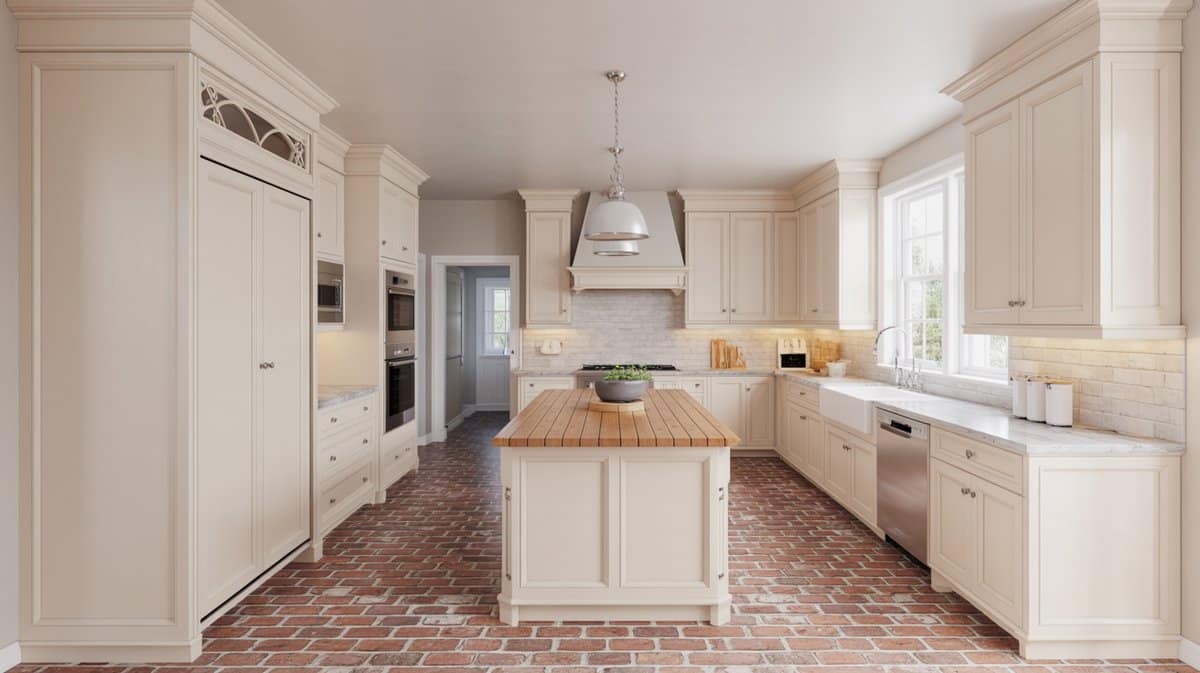 Bright kitchen with reddish-brown brick floors and crisp white shaker cabinets