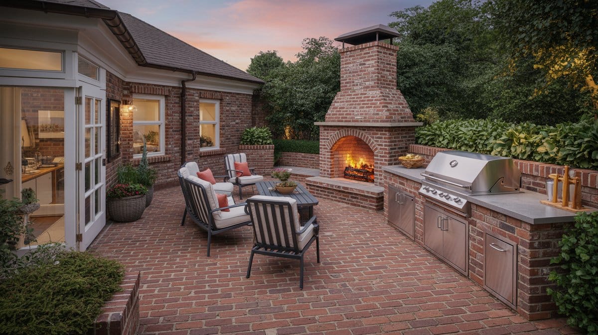 Backyard brick patio with a large brick fireplace and built-in outdoor kitchen