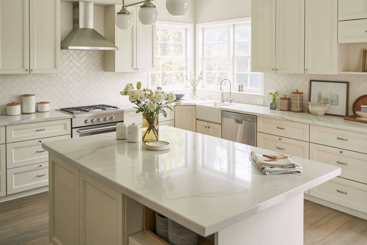 Cream corner kitchen with white cultured marble island, range hood and fresh flowers