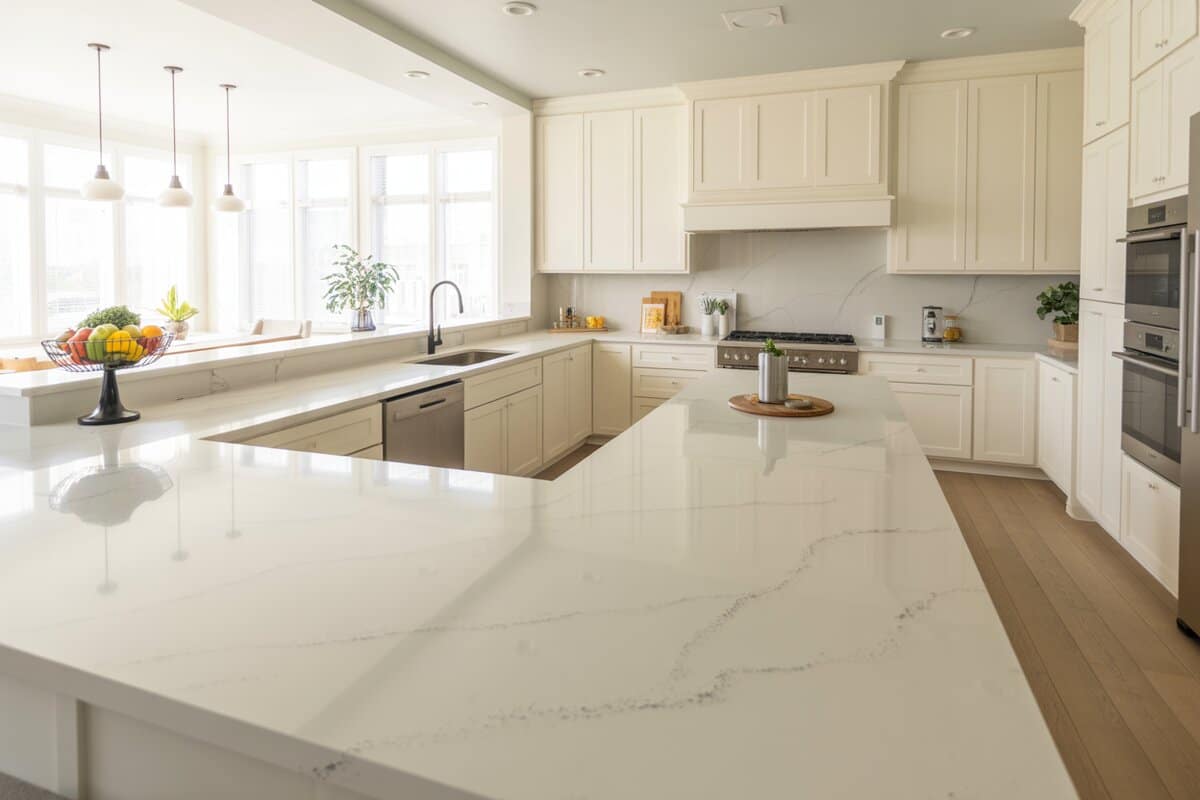 Bright white kitchen showing sweeping L-shaped cultured marble counters under pendant lights