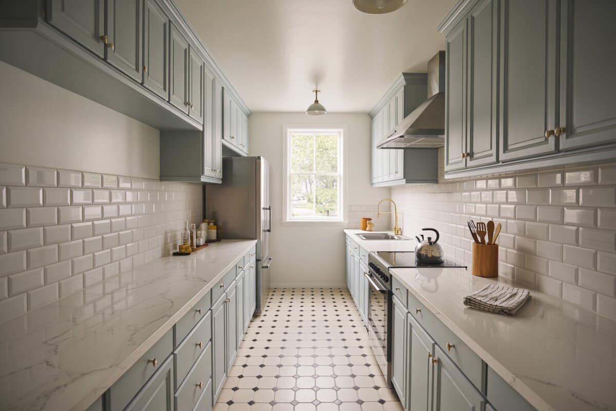 Narrow galley kitchen with sage cabinets, checkered floor and pale marble counters