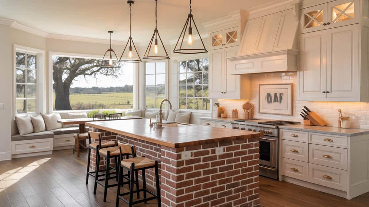 Modern farmhouse kitchen with antique brick with white grout on the island