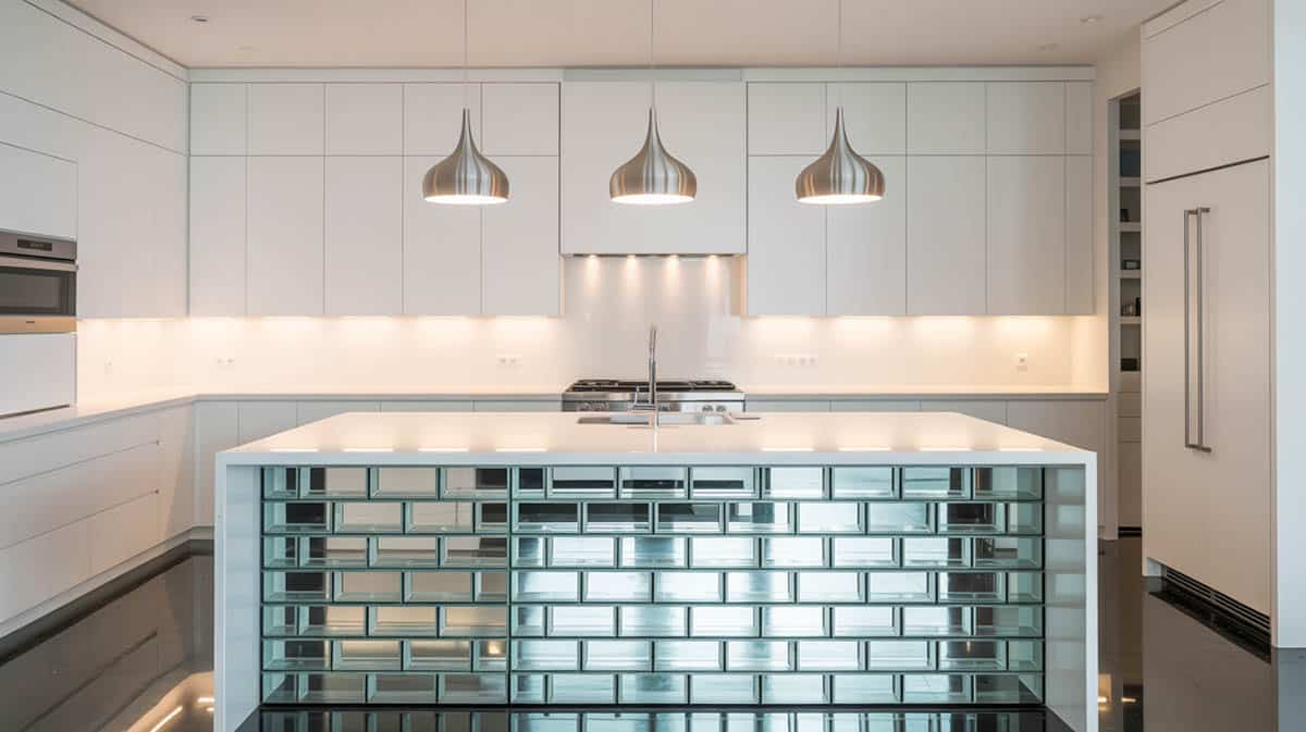 Modern kitchen with glass brick tile island