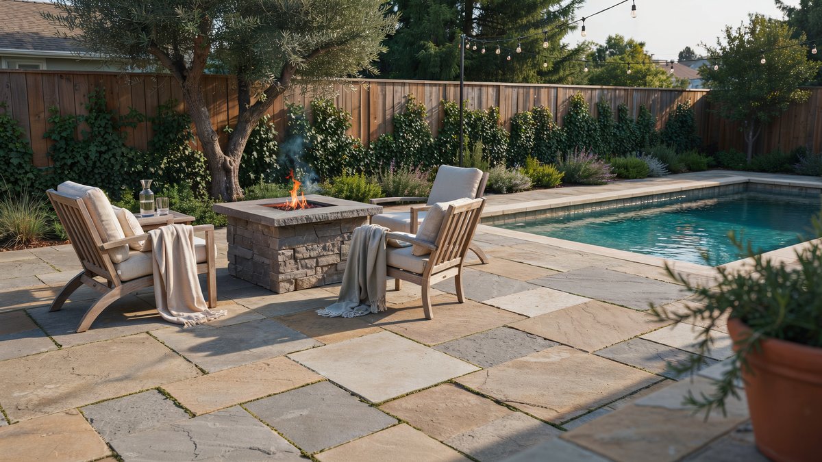 Square granite fire pit and teak loungers on flagstone beside a pool