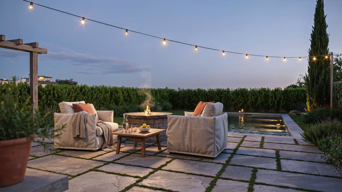Granite top fire pit between linen sofas under glowing bistro string lights