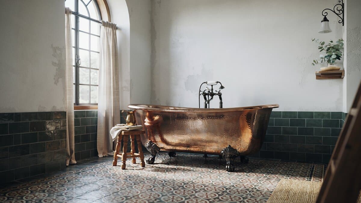 Ball and claw copper tub above patterned floor tile and green wainscot