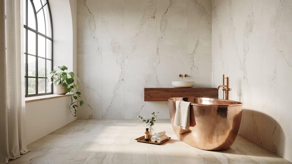 Marble walled bathroom pairing a hammered copper tub with a floating wood vanity
