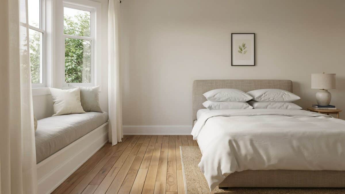 Cushioned window seat facing a linen bed with white duvet and pale oak floorboards
