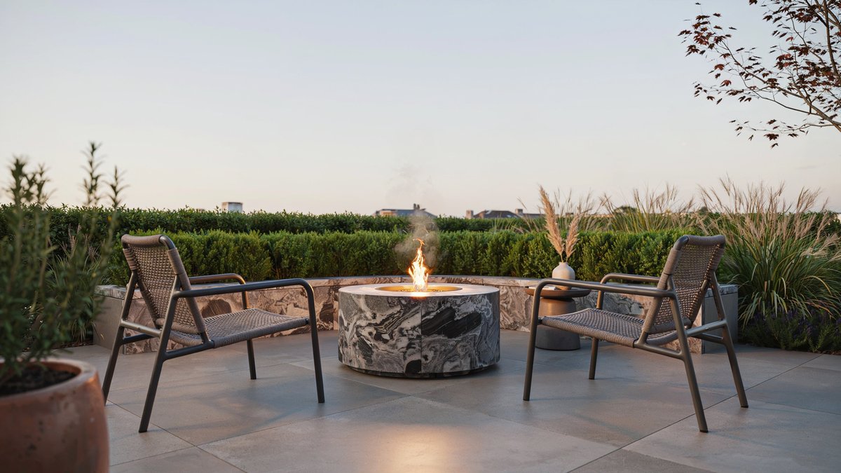 Black and white veined granite fire bowl framed by charcoal sling chairs