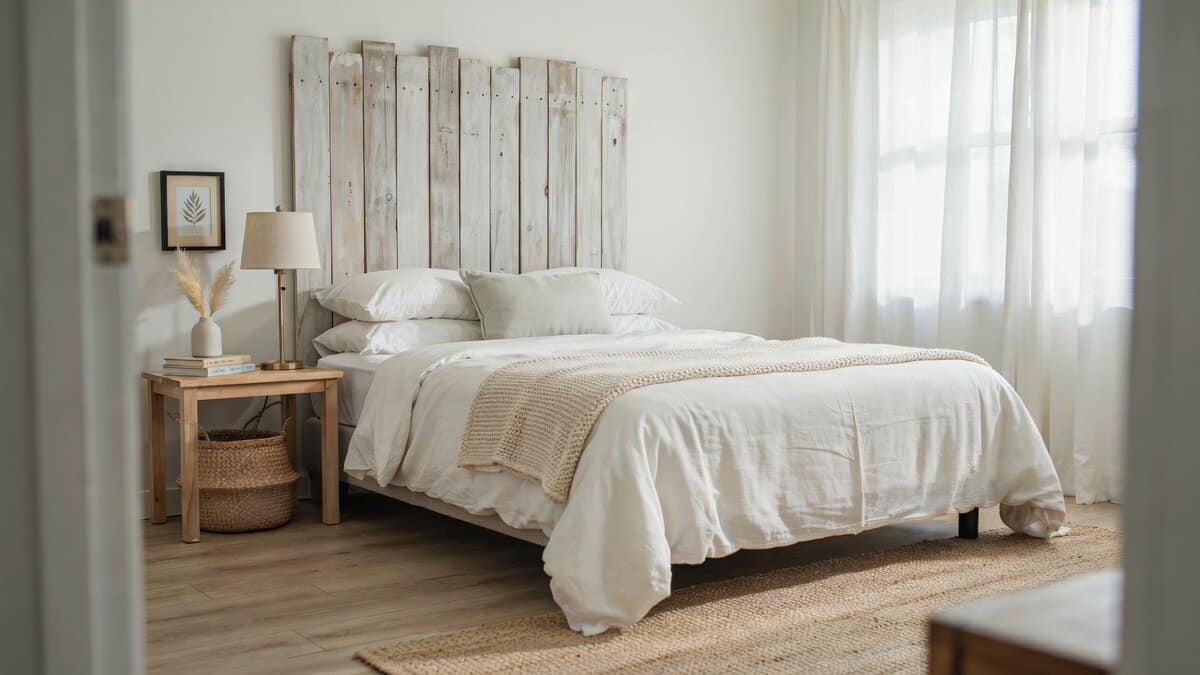 Whitewashed plank headboard behind layered cream bedding and a woven nightstand