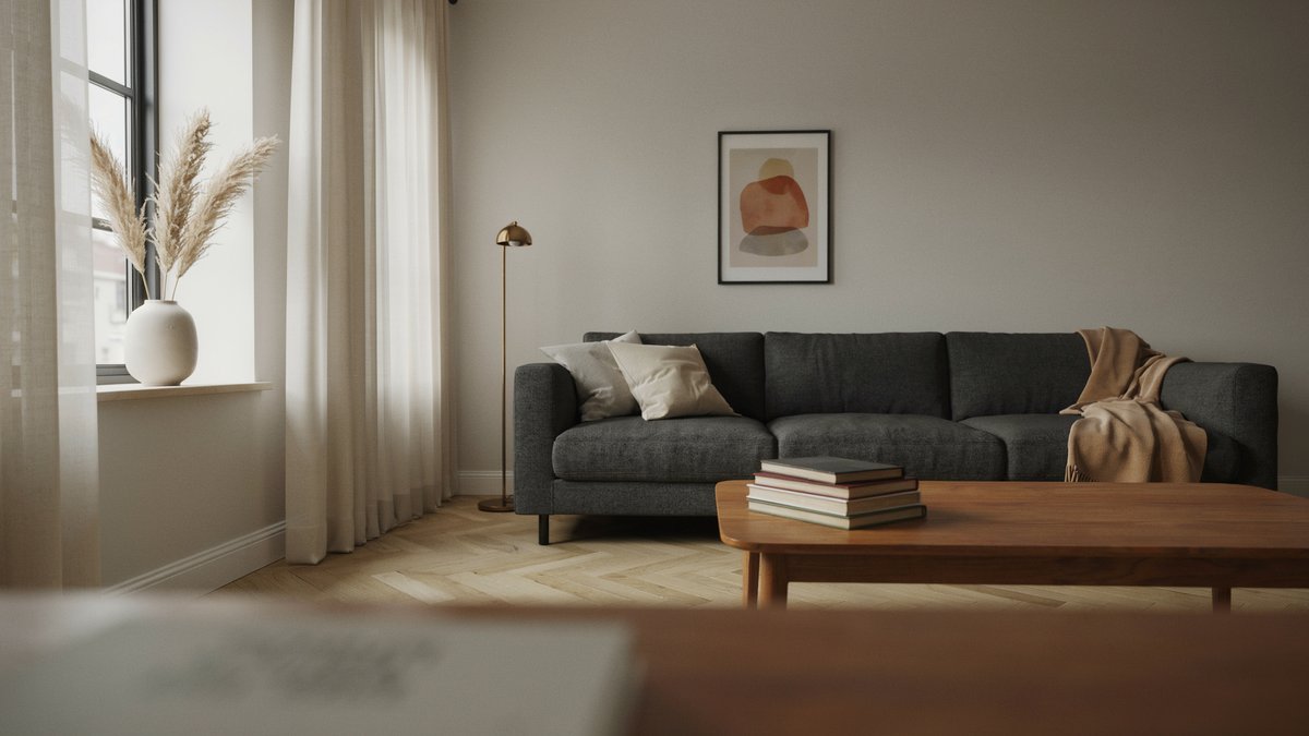 Warm wood table stacked with hardcover books beside a charcoal grey sofa