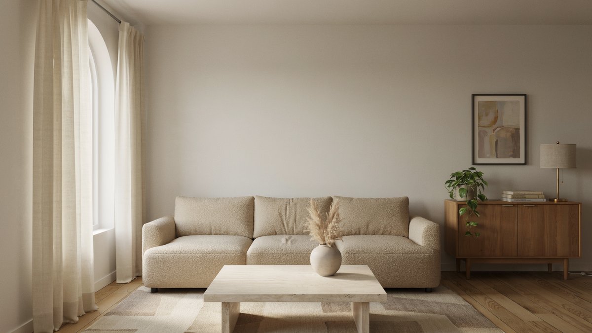 Pale stone table with dried pampas in a round vase echoing room tones