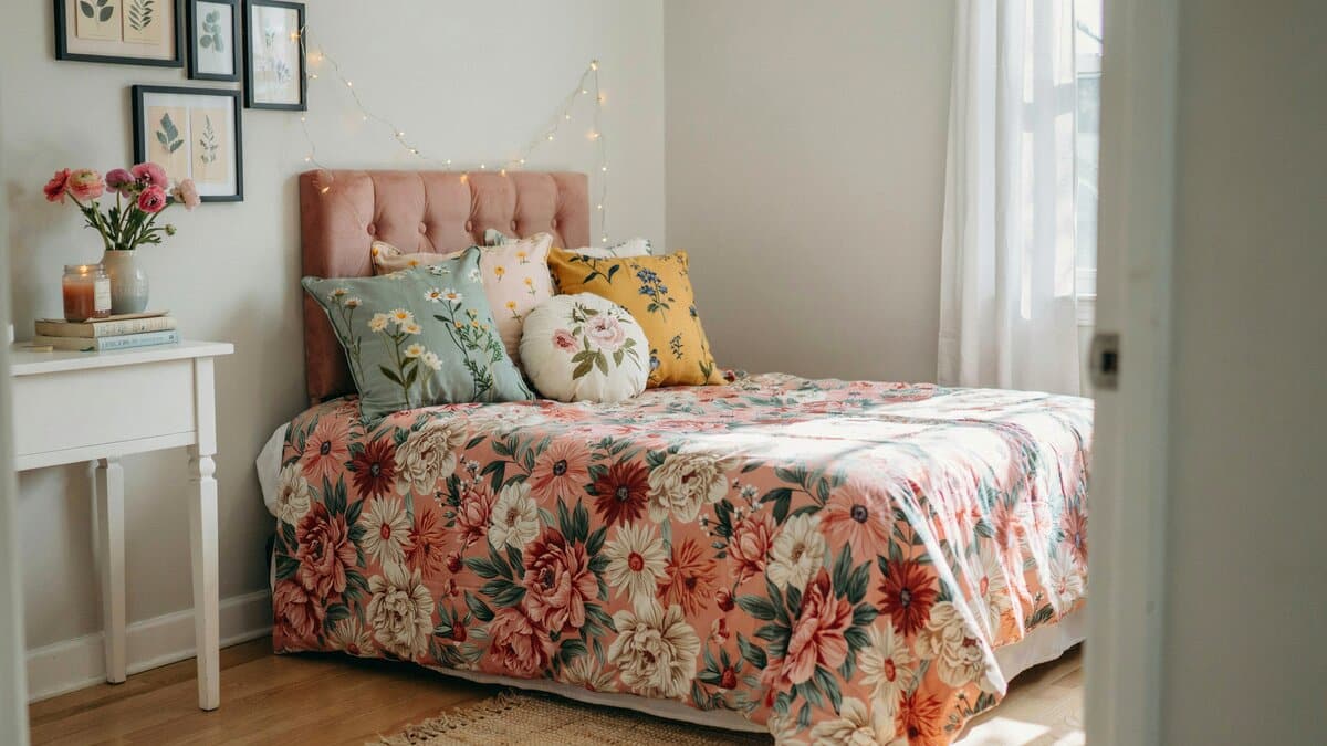 Bold floral bedding and mixed throw pillows against a pink tufted headboard