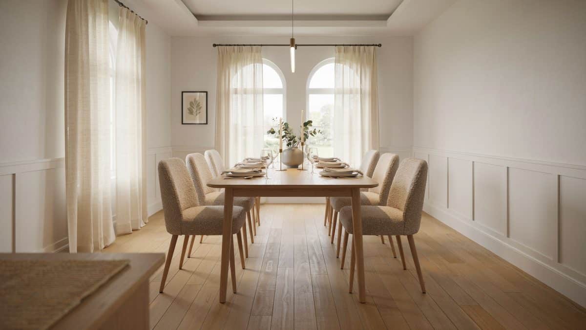White wainscoting and a tray ceiling framing arched windows behind a set table