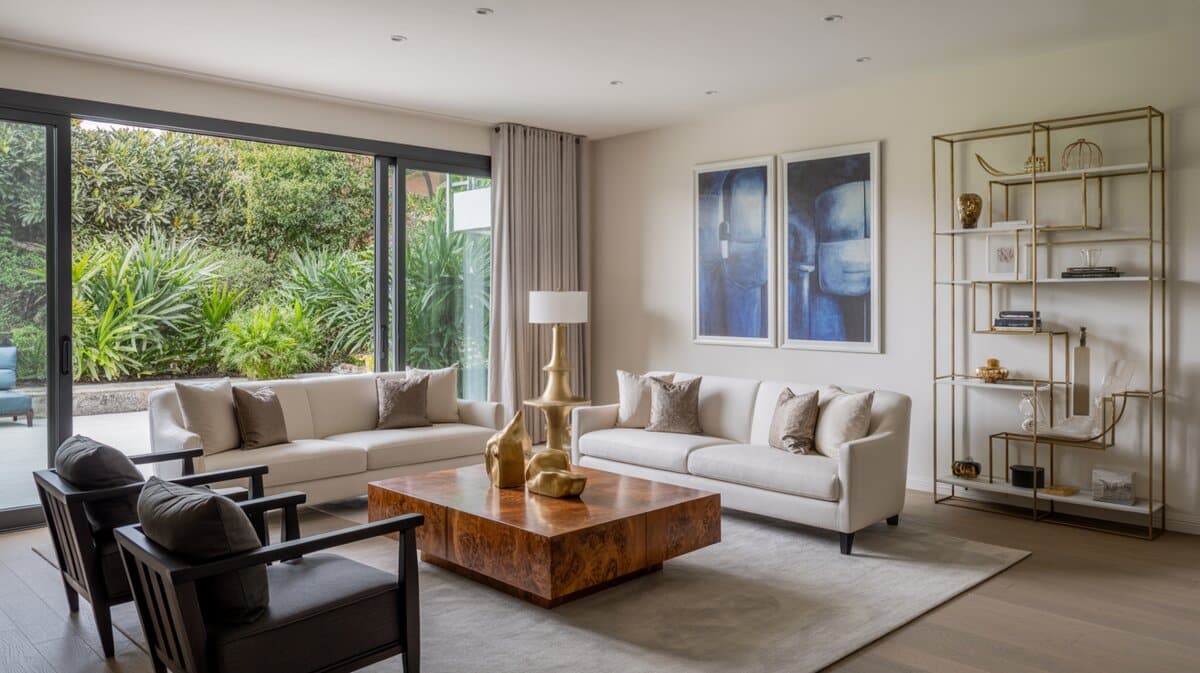Contemporary living room with white sofas, burl coffee table and glass doors