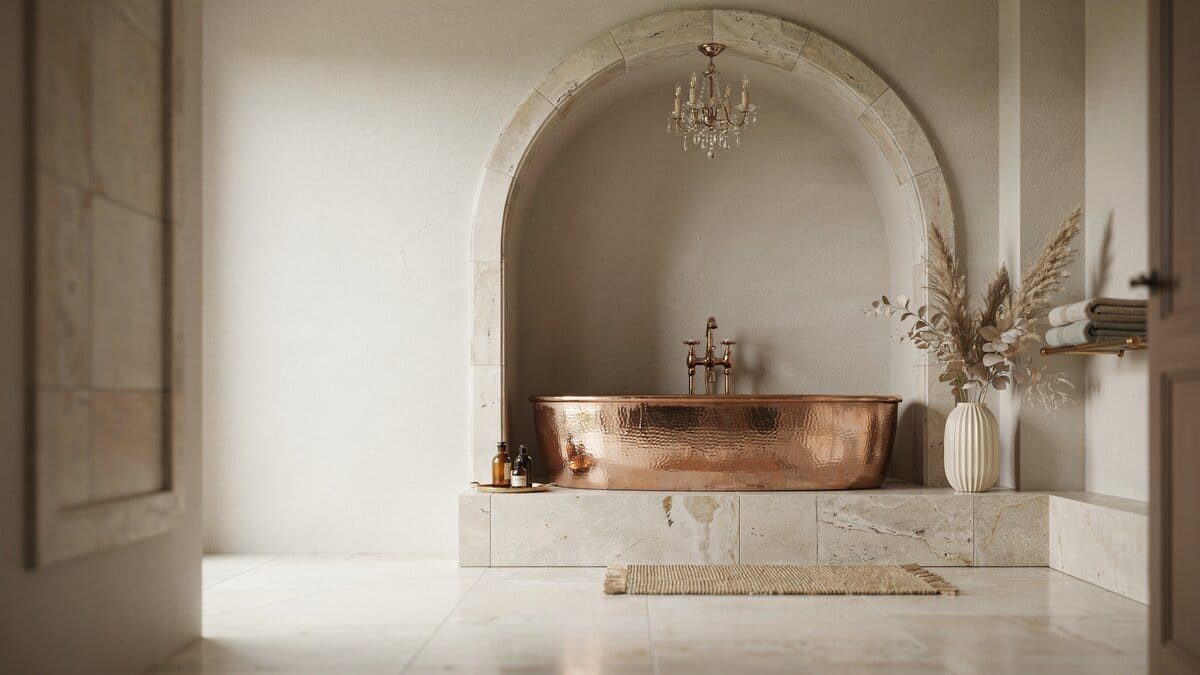 Copper tub tucked into an arched alcove beneath a small crystal chandelier