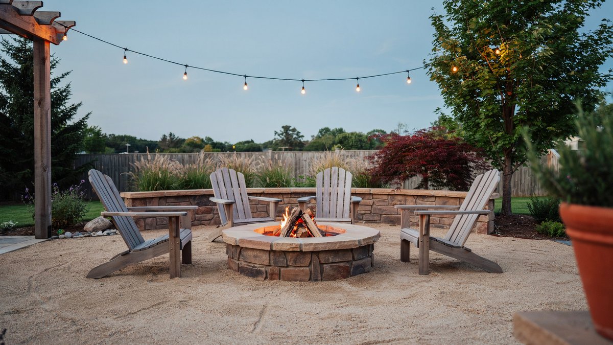 Cedar Adirondack chairs circling a stone fire ring on decomposed granite