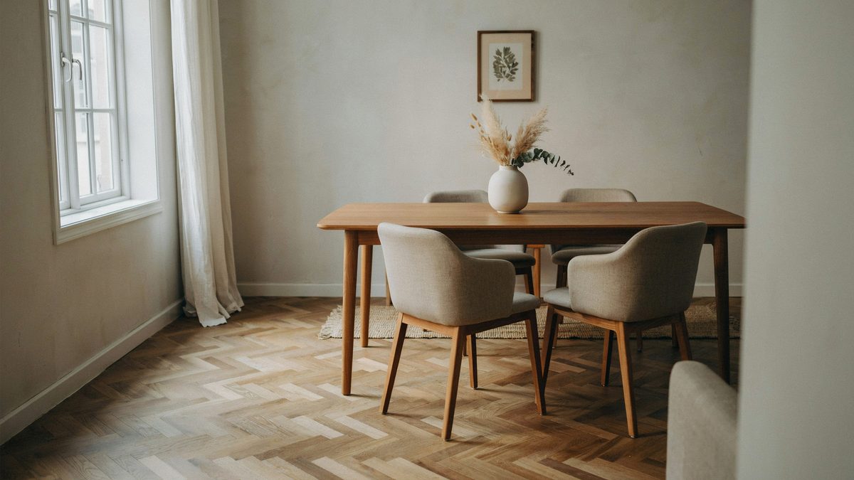 Herringbone parquet dining room with walnut table, upholstered chairs and dried grasses