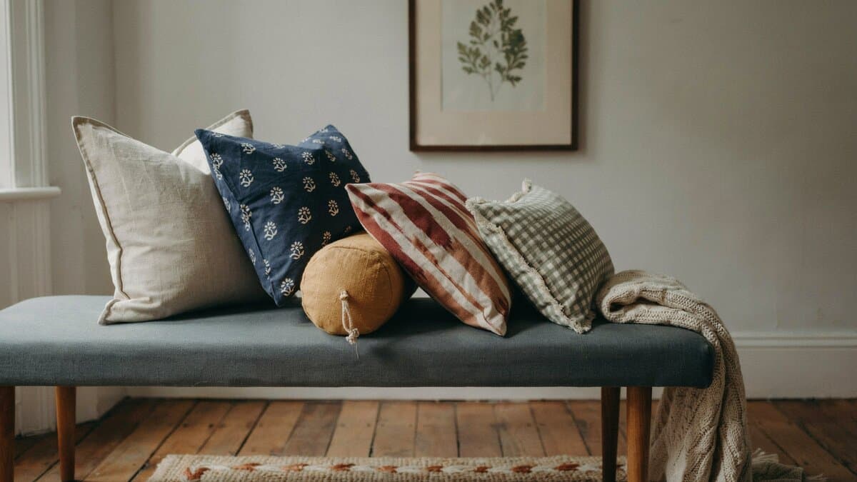 Handmade patterned cushions grouped on a grey upholstered bench under framed art