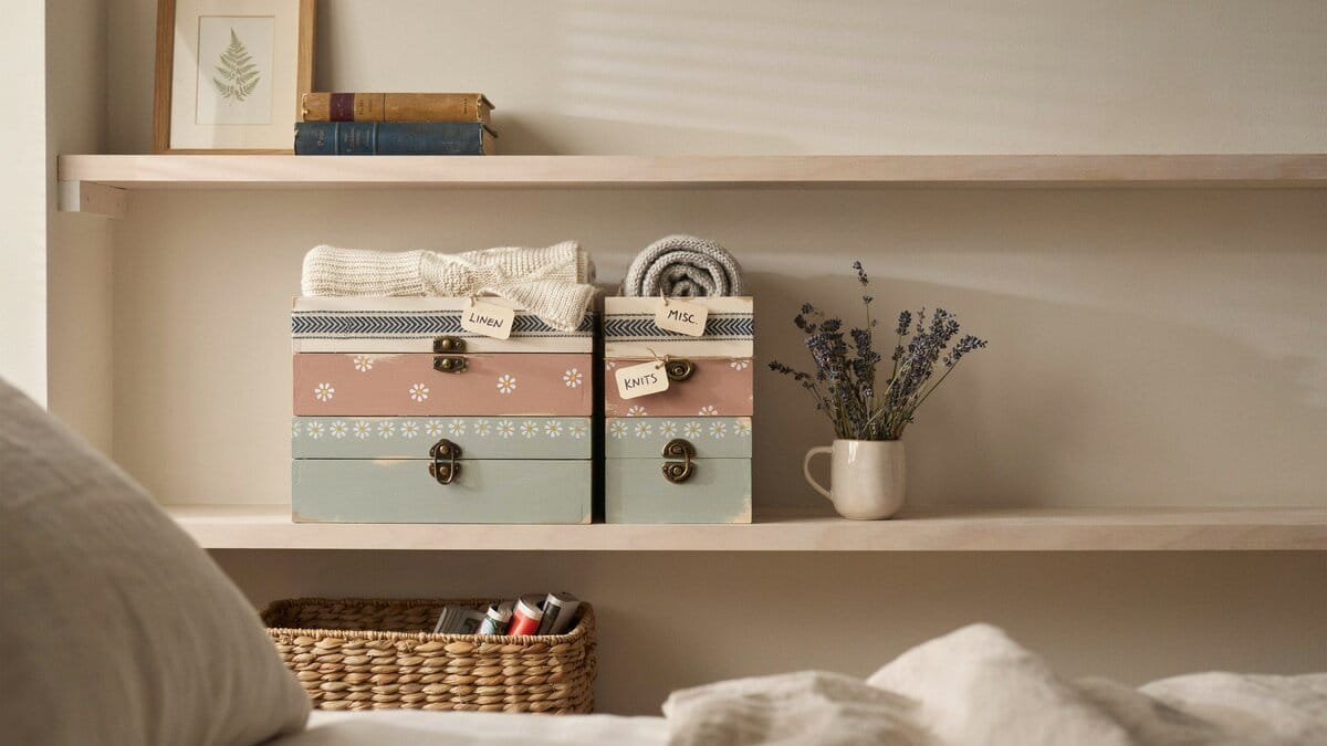 Painted keepsake boxes and folded knits lined up on an open shelf