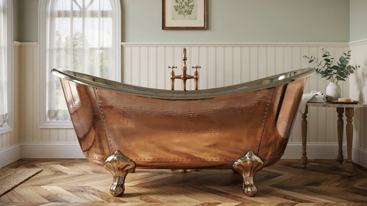 Double slipper copper tub with brass center faucet on herringbone wood flooring