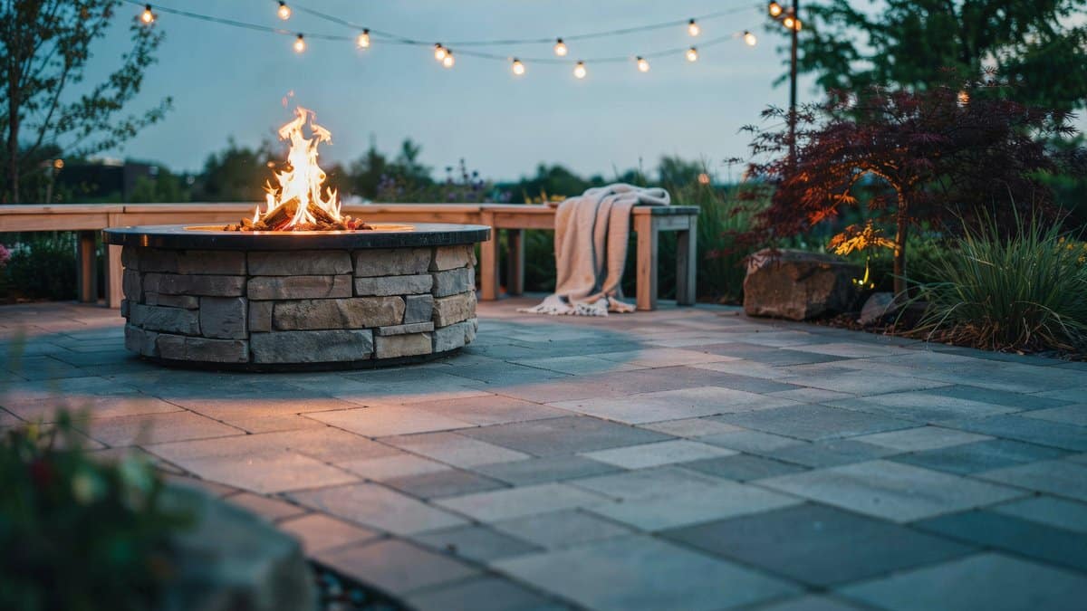 Round stacked stone fire pit with granite cap on a slate paver patio