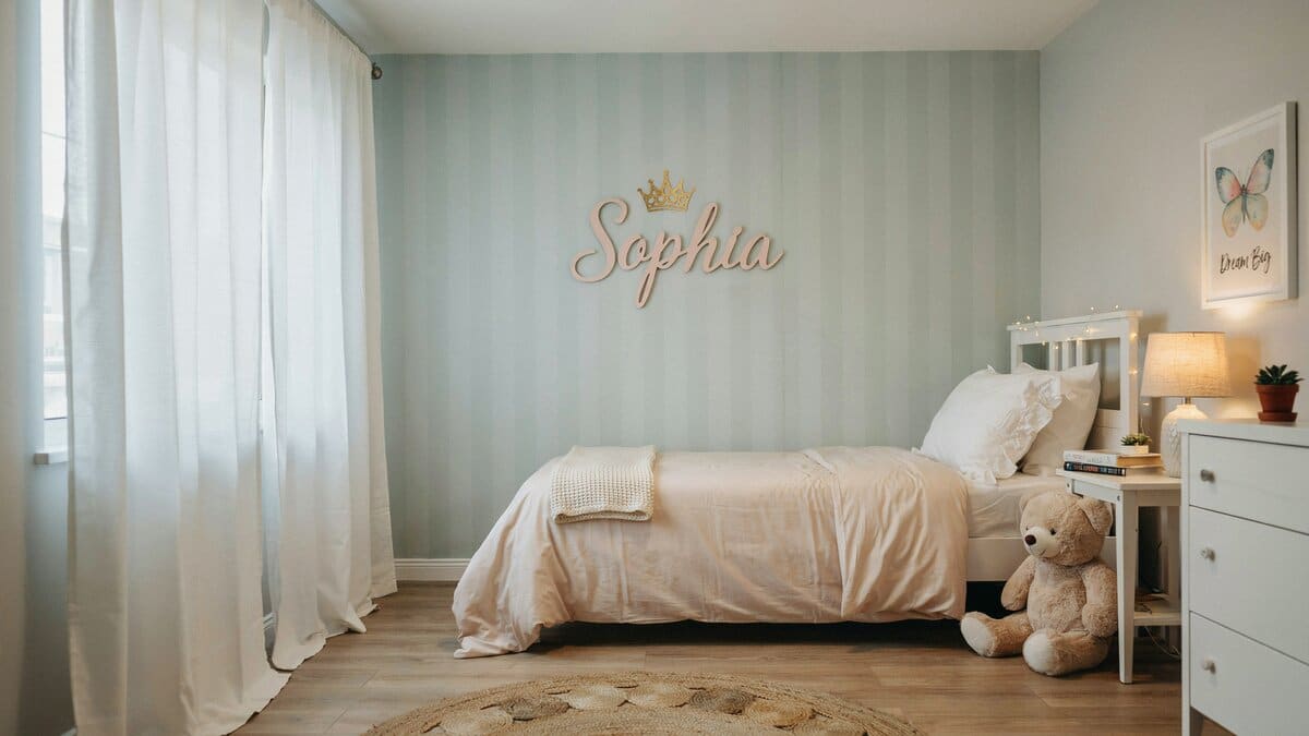 Gold script name and crown decal centered on a soft striped wall