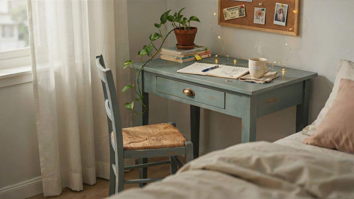 Refinished sage green desk with a woven seat chair and pinboard above