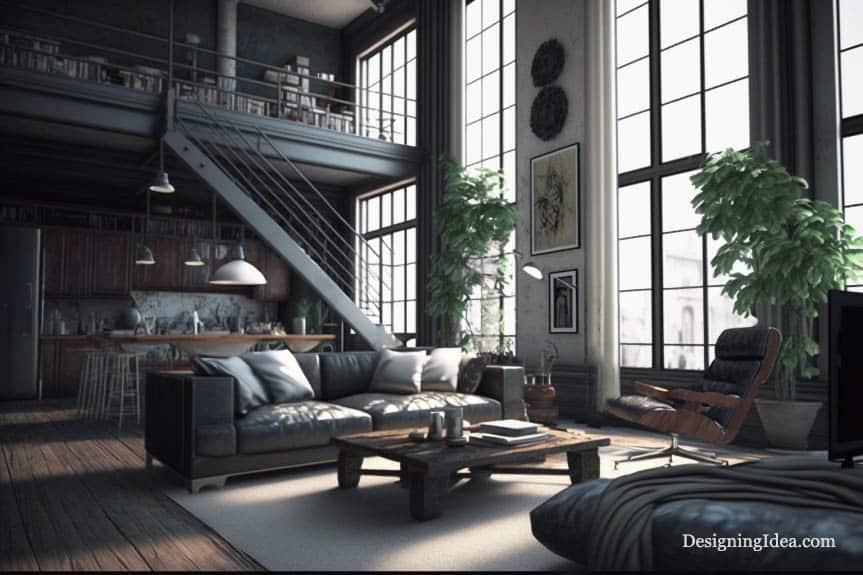 Industrial style furniture in living room loft