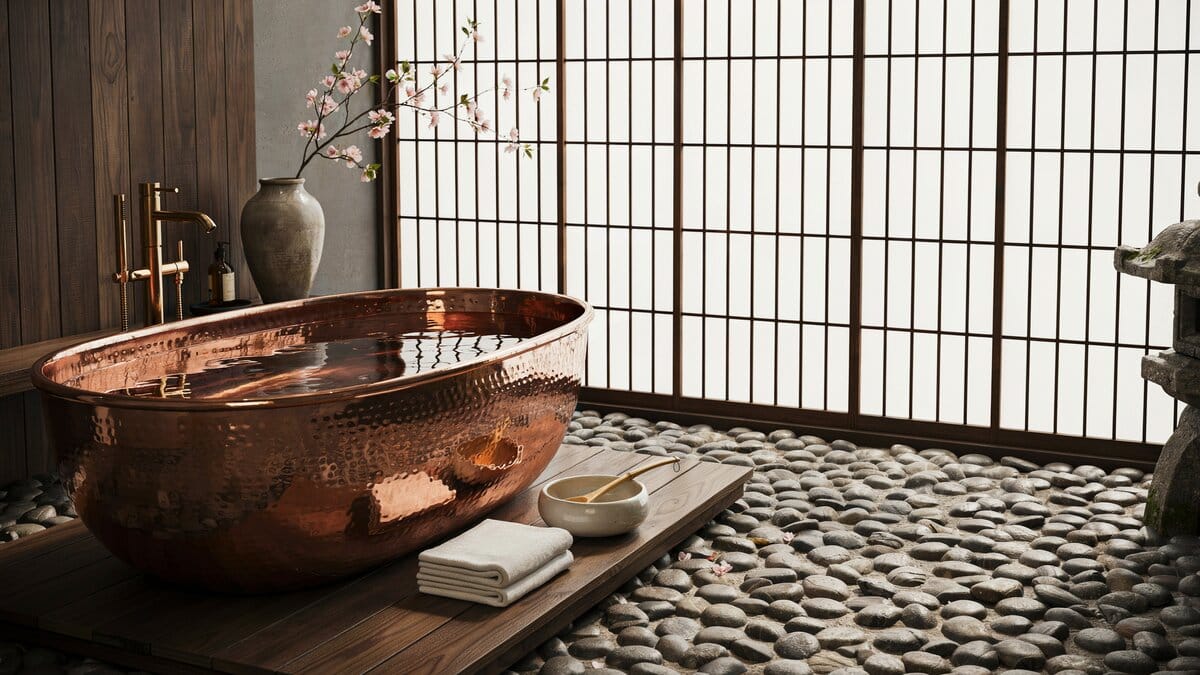 Japanese style copper soaking tub resting on a bed of smooth river rocks