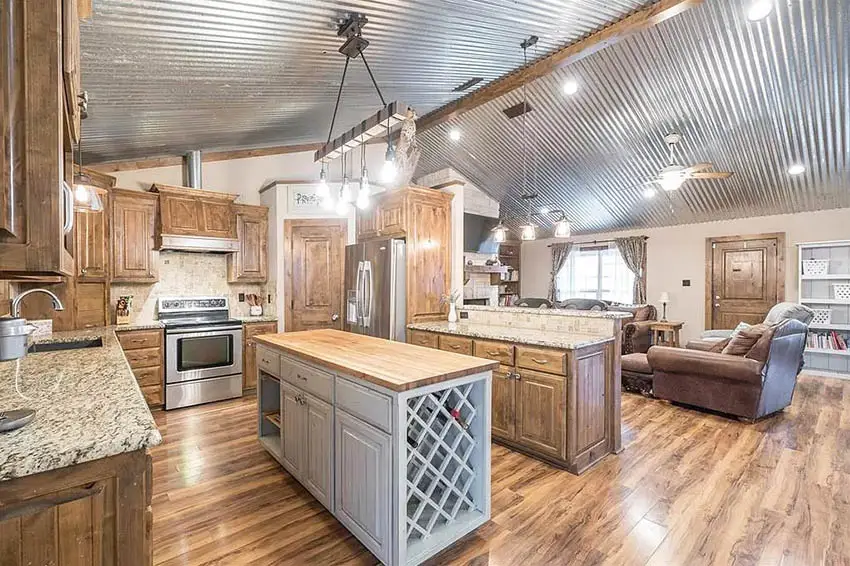 Cathedral ceiling kitchen with beam
