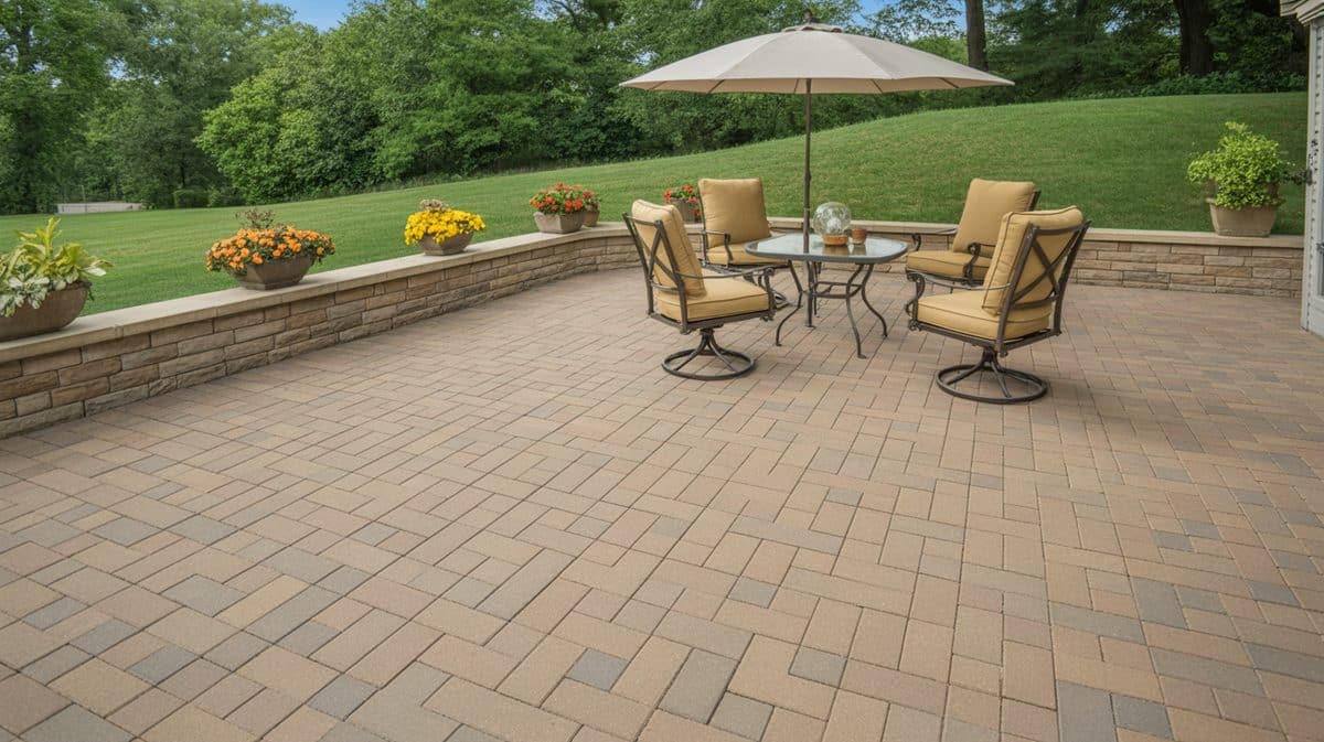 Large tan paver patio stone seat wall flower pots iron swivel chairs gold cushions umbrella