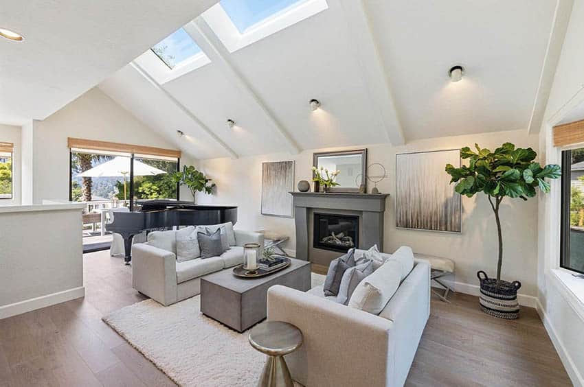 Living room with cathedral ceiling and skylights