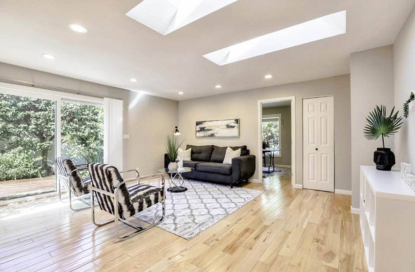 Living room with skylights light wood flooring