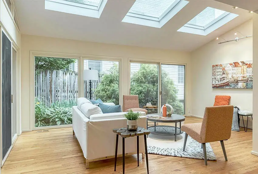 Room with three side by side skylights