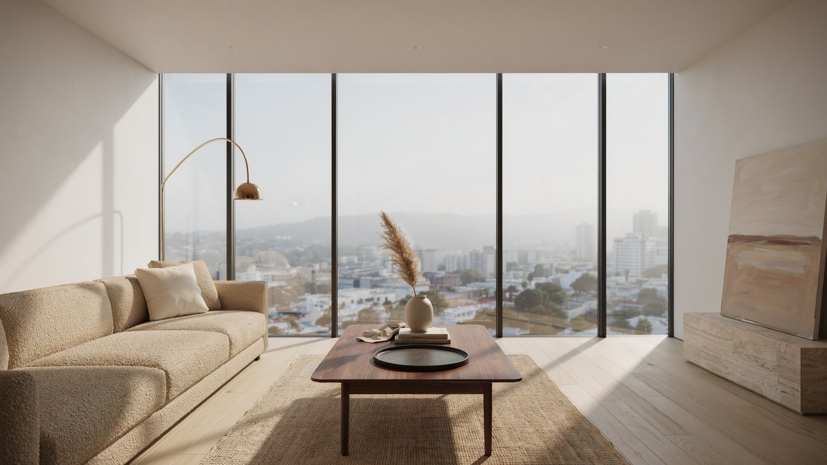 Low walnut table with a flat black tray before floor to ceiling windows