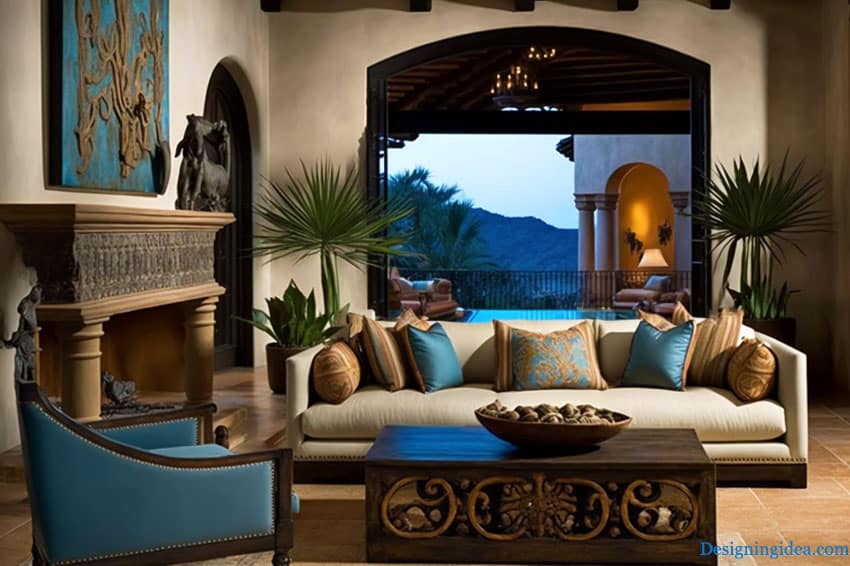 Mediterranean style furniture in living room with open views