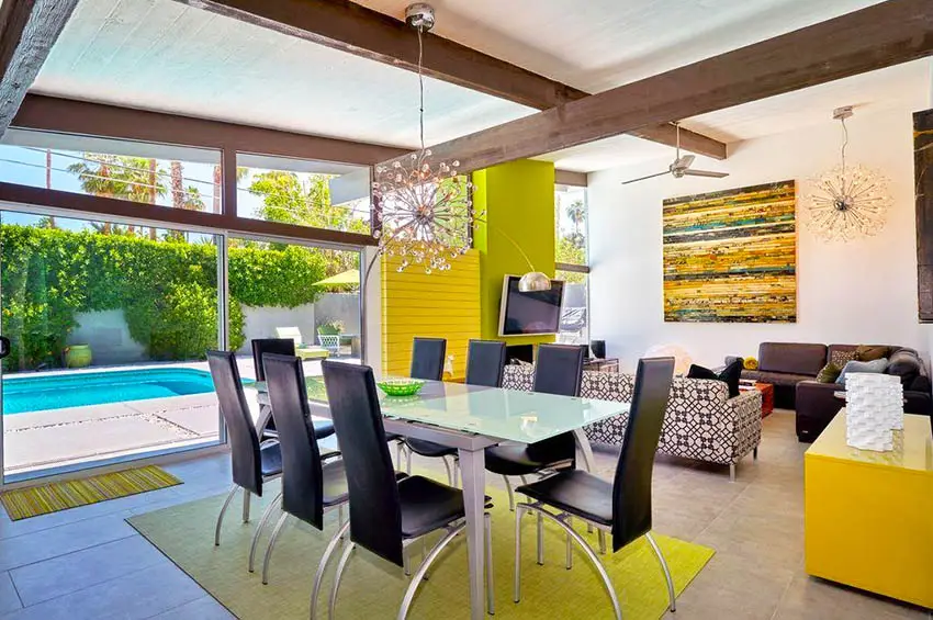 Mid century modern dining room with pops of color