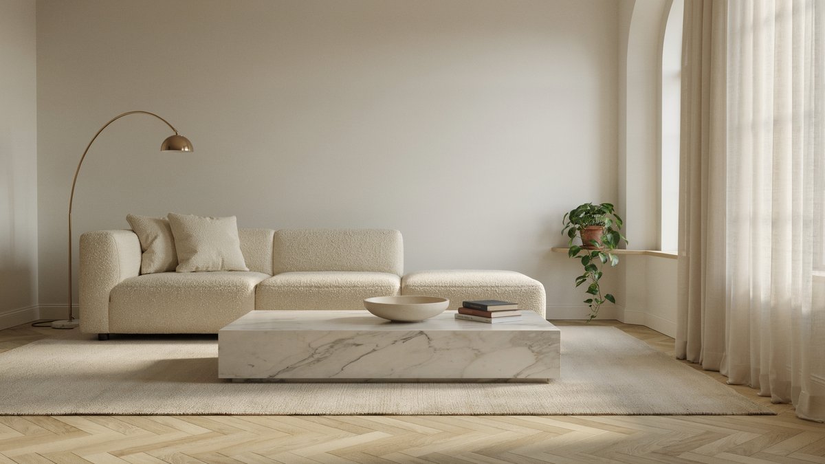 White marble slab table with a shallow bowl beside a cream boucle sofa