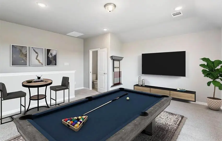 Modern basement with pool table wall mount tv