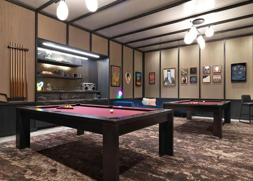 Modern game room with two pool tables