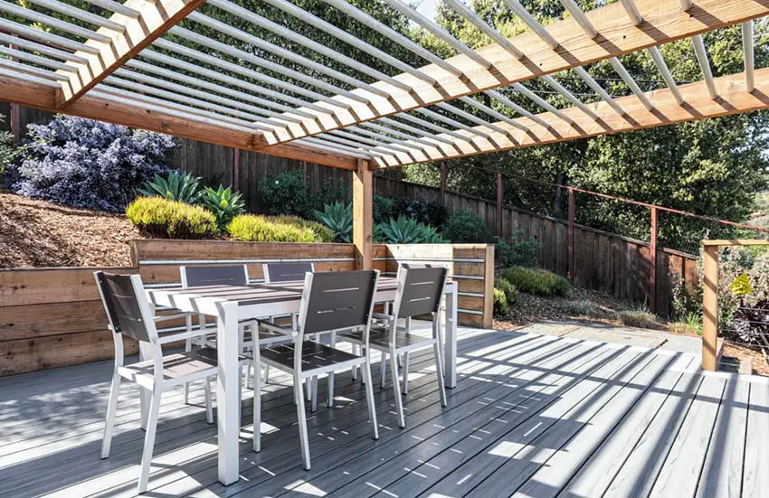 Modern pergola with wood and metal ceiling