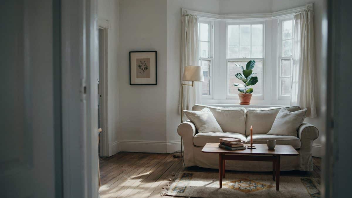 Curved bay window nook with cream loveseat, potted fig and low wood coffee table