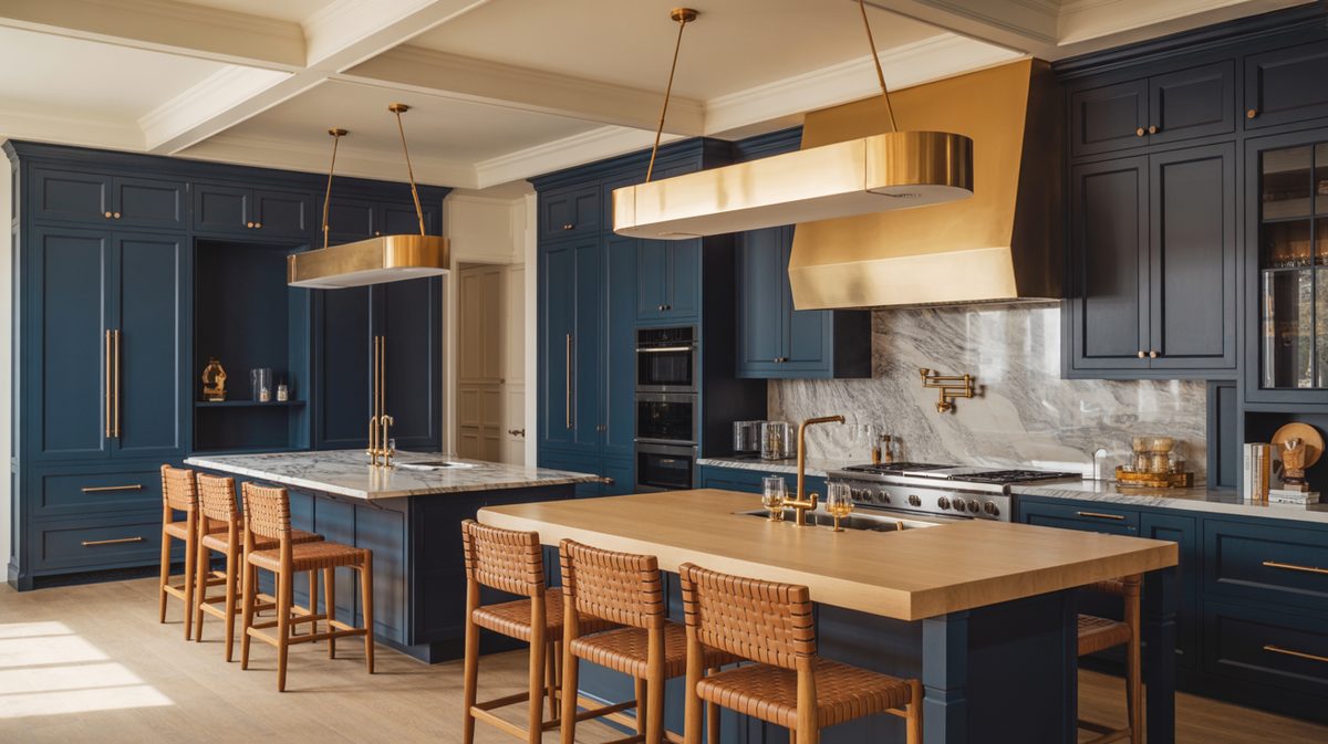Navy blue kitchen with two islands, gold rectangular pendant lights, rattan bar stools, and white marble backsplash