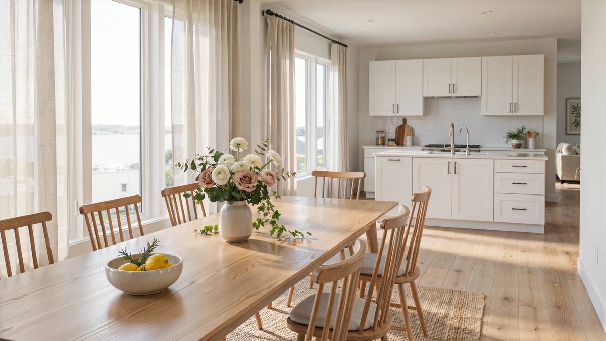 Sunlit open plan dining table with a blush rose arrangement beside a white kitchen