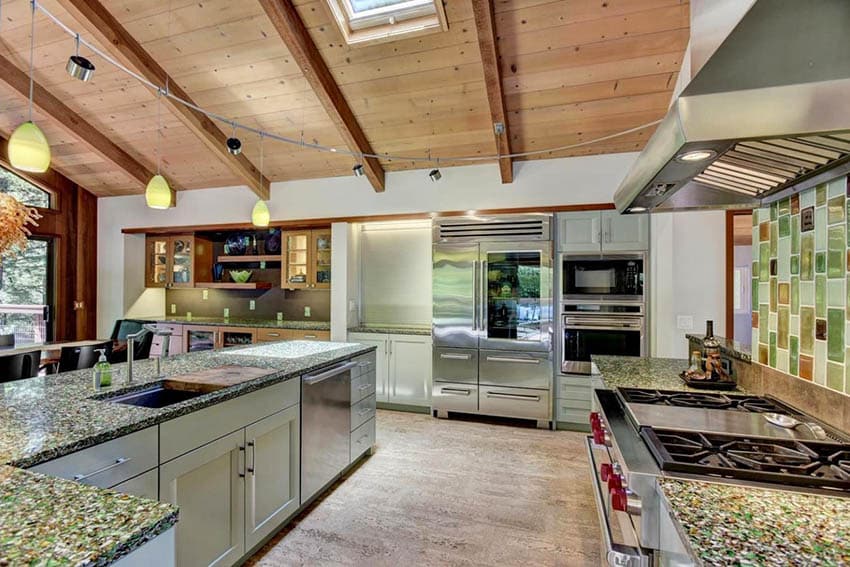 Open kitchen with recycled glass countertops